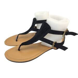 Lulu's Women's Sz 10 Black Double Ankle Strap Gladiator Sandals Flat Shoes